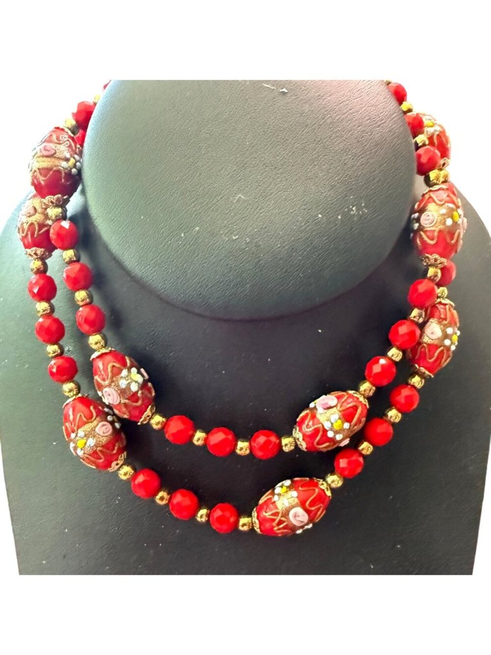 Vintage Murano Italy Wedding Cake Necklace Floral Detailing 30" Handmade Barrel